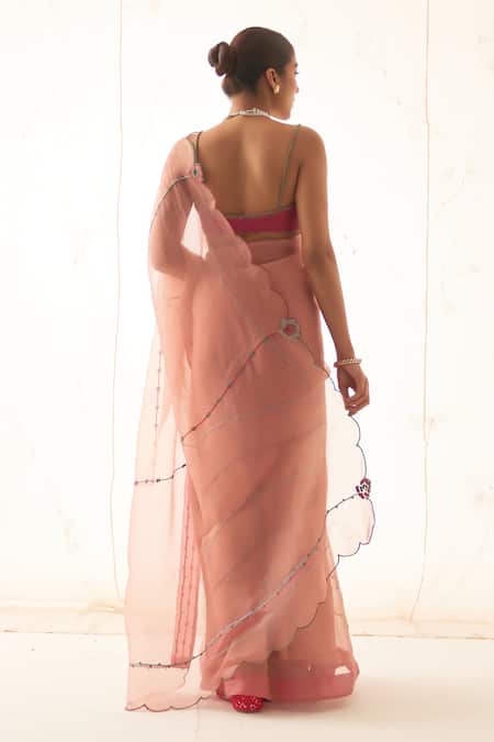 Janki India Peach Organza Embroidered Saree Set 