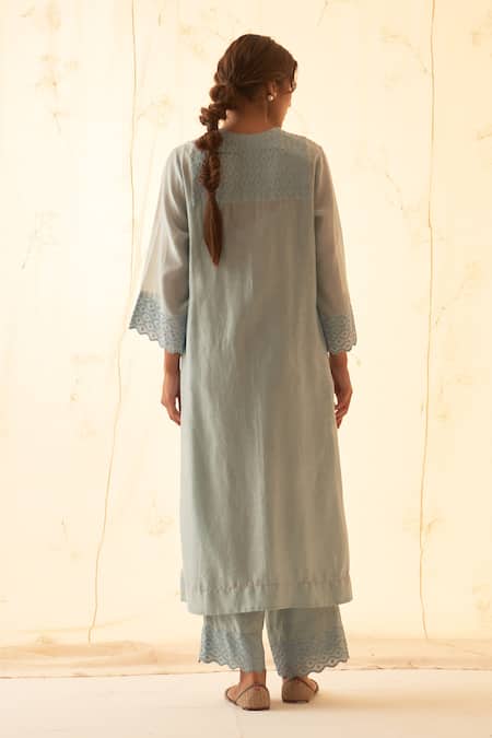 Shop Janki India Aqua Chanderi, Organza Embroidery Mandarin Collar Ice Blue Kurta Set at Aza Fashions Shop_Janki India_Aqua Chanderi, Organza Embroidery Mandarin Collar Ice Blue Kurta Set _at_Aza_Fashions
