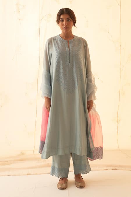 JANKI INDIA Aqua Chanderi, Organza Embroidery Mandarin Collar Ice Blue Kurta Set 