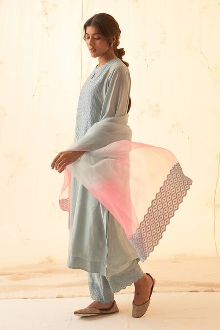 Janki India Aqua Chanderi, Organza Embroidery Mandarin Collar Ice Blue Kurta Set Online at Aza Fashions Janki India_Aqua Chanderi, Organza Embroidery Mandarin Collar Ice Blue Kurta Set _Online_at_Aza_Fashions