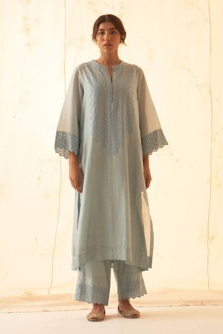 Buy Janki India Aqua Chanderi, Organza Embroidery Mandarin Collar Ice Blue Kurta Set Online at Aza Fashions Buy_Janki India_Aqua Chanderi, Organza Embroidery Mandarin Collar Ice Blue Kurta Set _Online_at_Aza_Fashions