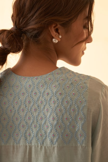 Shop Janki India Aqua Chanderi, Organza Embroidery Mandarin Collar Ice Blue Kurta Set Online at Aza Fashions Shop_Janki India_Aqua Chanderi, Organza Embroidery Mandarin Collar Ice Blue Kurta Set _Online_at_Aza_Fashions