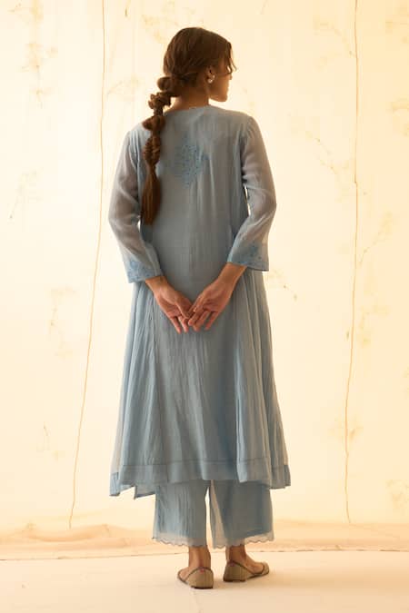Shop Janki India Blue Chanderi, Organza Embroidery Round Neck Ice Kurta Set at Aza Fashions Shop_Janki India_Blue Chanderi, Organza Embroidery Round Neck Ice Kurta Set _at_Aza_Fashions