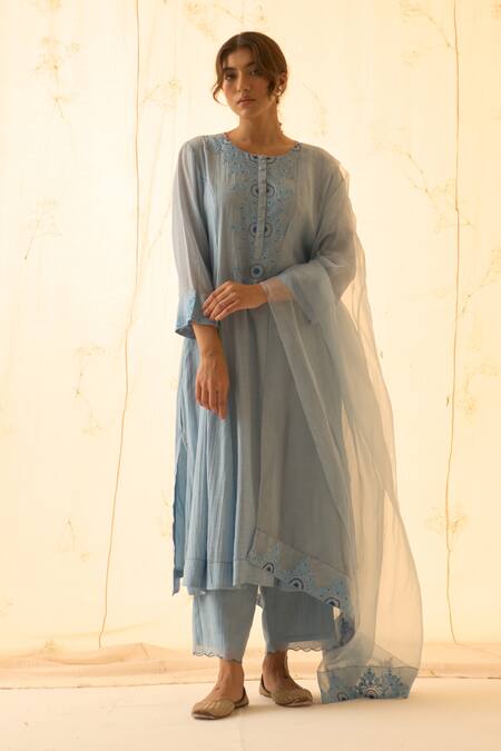 Buy Janki India Blue Chanderi, Organza Embroidery Round Neck Ice Kurta Set Online at Aza Fashions Buy_Janki India_Blue Chanderi, Organza Embroidery Round Neck Ice Kurta Set _Online_at_Aza_Fashions