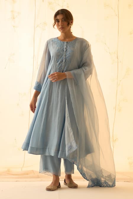 JANKI INDIA Blue Chanderi, Organza Embroidery Round Neck Ice Kurta Set 