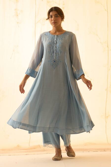 Shop Janki India Blue Chanderi, Organza Embroidery Round Neck Ice Kurta Set Online at Aza Fashions Shop_Janki India_Blue Chanderi, Organza Embroidery Round Neck Ice Kurta Set _Online_at_Aza_Fashions