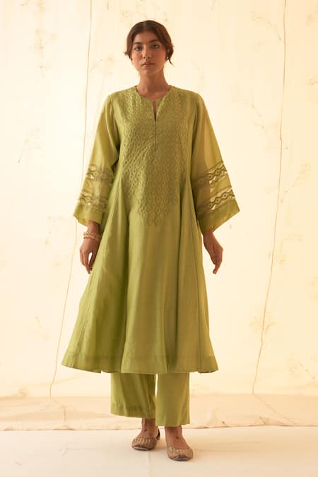 Janki India_Green Chanderi, Organza Embroidery Split V-neck Lime Kurta Set _Online_at_Aza_Fashions