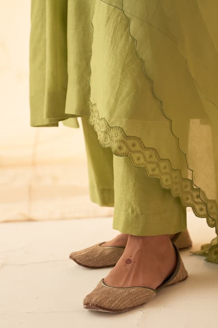 Buy_Janki India_Green Chanderi, Organza Embroidery Split V-neck Lime Kurta Set _Online_at_Aza_Fashions
