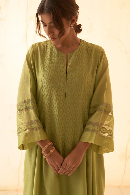 Shop_Janki India_Green Chanderi, Organza Embroidery Split V-neck Lime Kurta Set _Online_at_Aza_Fashions