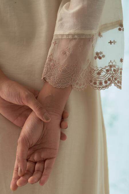 Shop Janki India Ivory Chanderi, Organza Embroidery V-neck Yoke Kurta Set Online at Aza Fashions Shop_Janki India_Ivory Chanderi, Organza Embroidery V-neck Yoke Kurta Set _Online_at_Aza_Fashions