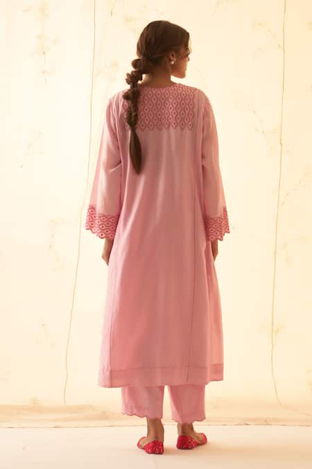 Shop Janki India Pink Chanderi Embroidery Round Neck Kurta Set With Pant at Aza Fashions Shop_Janki India_Pink Chanderi Embroidery Round Neck Kurta Set With Pant _at_Aza_Fashions