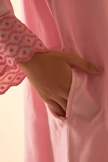 Shop Janki India Pink Chanderi Embroidery Round Neck Kurta Set With Pant Online at Aza Fashions Shop_Janki India_Pink Chanderi Embroidery Round Neck Kurta Set With Pant _Online_at_Aza_Fashions