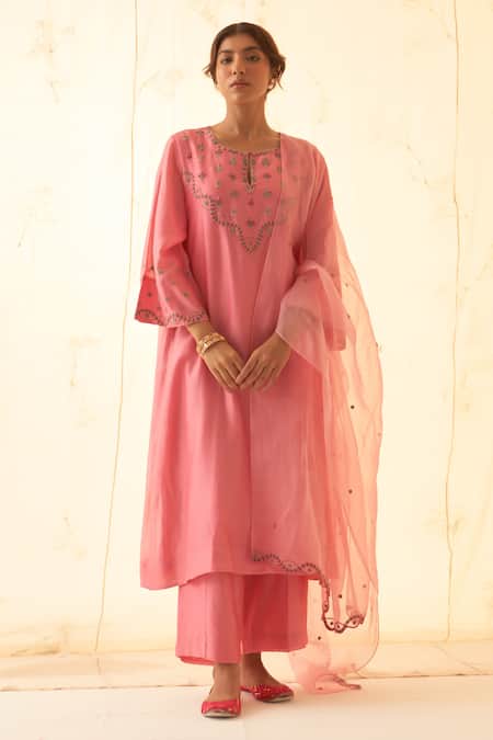 JANKI INDIA Pink Chanderi, Organza Embroidery Round Neck Multicolour Kurta Set 