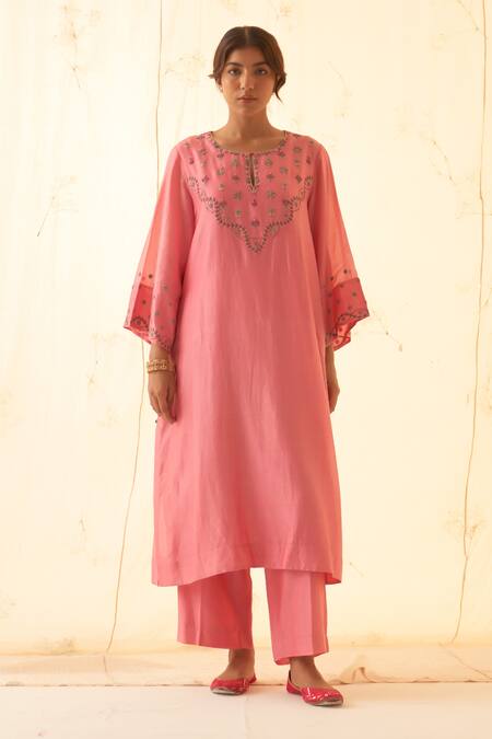 Shop Janki India Pink Chanderi, Organza Embroidery Round Neck Multicolour Kurta Set Online at Aza Fashions Shop_Janki India_Pink Chanderi, Organza Embroidery Round Neck Multicolour Kurta Set _Online_at_Aza_Fashions