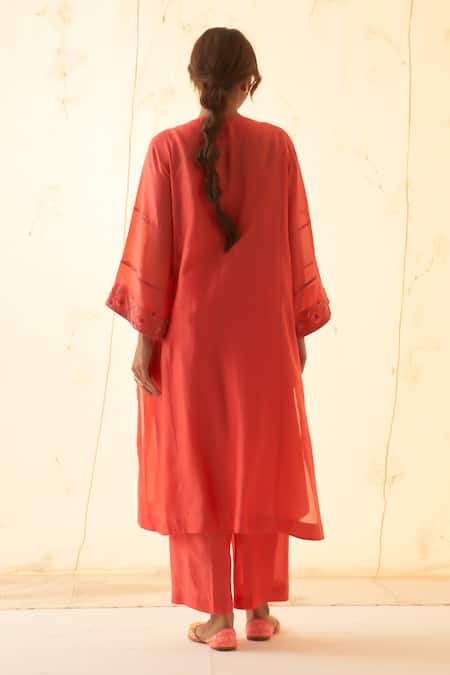 Janki India Coral Chanderi, Organza Embroidery Keyhole Neck Kurta Set Online at Aza Fashions Janki India_Coral Chanderi, Organza Embroidery Keyhole Neck Kurta Set _Online_at_Aza_Fashions