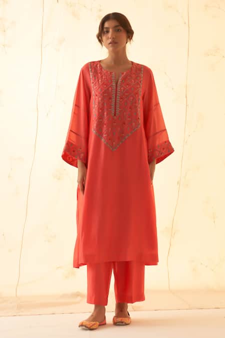 Shop Janki India Coral Chanderi, Organza Embroidery Keyhole Neck Kurta Set Online at Aza Fashions Shop_Janki India_Coral Chanderi, Organza Embroidery Keyhole Neck Kurta Set _Online_at_Aza_Fashions