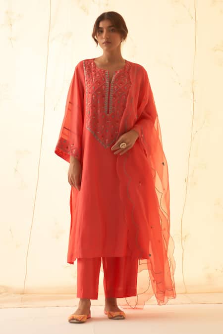 JANKI INDIA Coral Chanderi, Organza Embroidery Keyhole Neck Kurta Set 