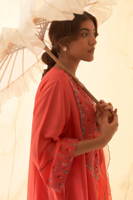 Buy Janki India Coral Chanderi, Organza Embroidery Keyhole Neck Kurta Set Buy_Janki India_Coral Chanderi, Organza Embroidery Keyhole Neck Kurta Set