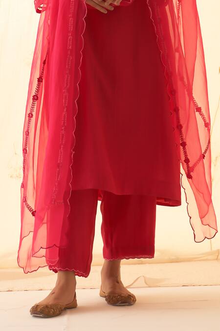 Shop Janki India Fuchsia Chanderi, Organza Embroidery Split V-neck Kurta Pant Dupatta Set Online at Aza Fashions Shop_Janki India_Fuchsia Chanderi, Organza Embroidery Split V-neck Kurta Pant Dupatta Set _Online_at_Aza_Fashions