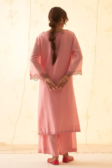 Janki India Pink Chanderi, Organza Embroidery Round Neck Multi Thread Kurta Set Online at Aza Fashions Janki India_Pink Chanderi, Organza Embroidery Round Neck Multi Thread Kurta Set _Online_at_Aza_Fashions