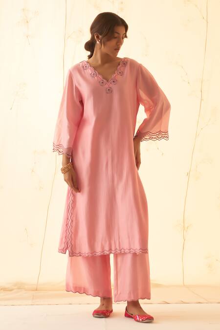 Buy Janki India Pink Chanderi, Organza Embroidery Round Neck Multi Thread Kurta Set Online at Aza Fashions Buy_Janki India_Pink Chanderi, Organza Embroidery Round Neck Multi Thread Kurta Set _Online_at_Aza_Fashions