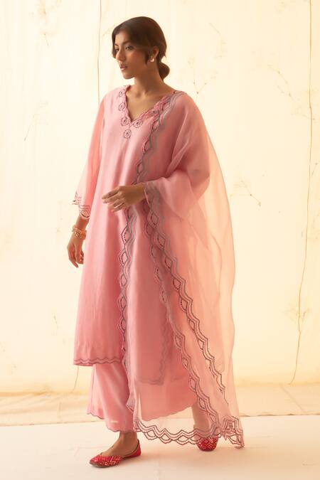 Shop Janki India Pink Chanderi, Organza Embroidery Round Neck Multi Thread Kurta Set Online at Aza Fashions Shop_Janki India_Pink Chanderi, Organza Embroidery Round Neck Multi Thread Kurta Set _Online_at_Aza_Fashions