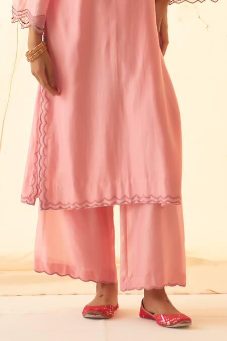 Janki India Pink Chanderi, Organza Embroidery Round Neck Multi Thread Kurta Set at Aza Fashions Janki India_Pink Chanderi, Organza Embroidery Round Neck Multi Thread Kurta Set _at_Aza_Fashions