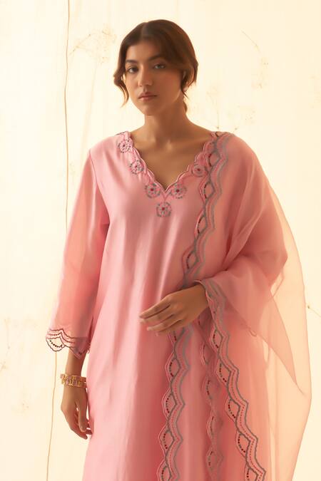 Buy Janki India Pink Chanderi, Organza Embroidery Round Neck Multi Thread Kurta Set Buy_Janki India_Pink Chanderi, Organza Embroidery Round Neck Multi Thread Kurta Set