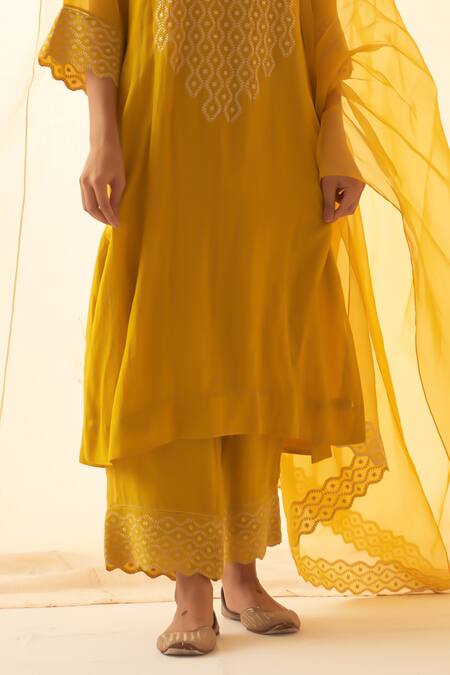 Janki India_Yellow Chanderi, Organza Embroidery Split V-neck Tonal Kurta Set _Online_at_Aza_Fashions