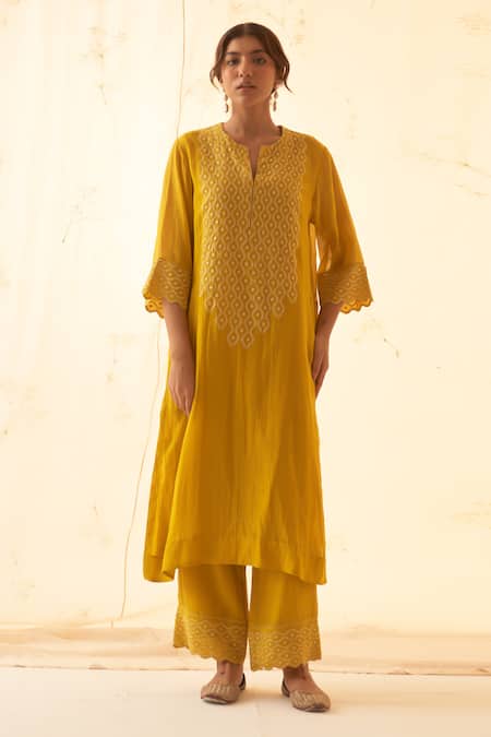 Shop_Janki India_Yellow Chanderi, Organza Embroidery Split V-neck Tonal Kurta Set _Online_at_Aza_Fashions