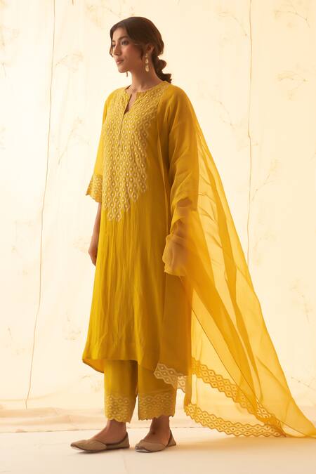 Janki India_Yellow Chanderi, Organza Embroidery Split V-neck Tonal Kurta Set _at_Aza_Fashions