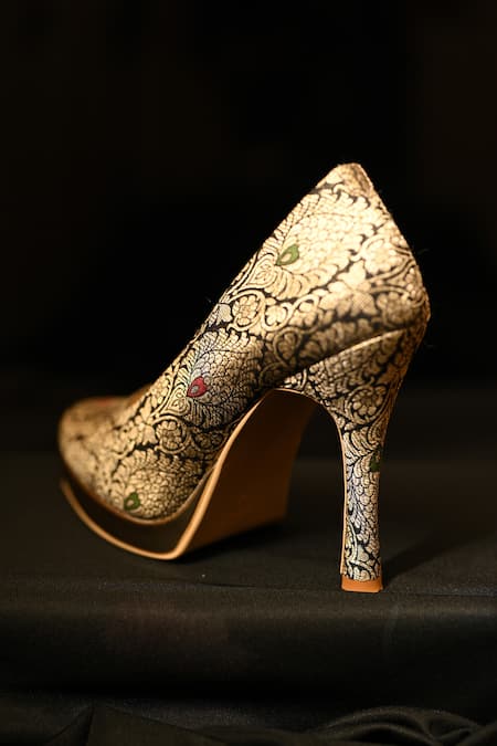 Shop Miraki Black Embroidery Brocade And Gold Pumps Online at Aza Fashions Shop_Miraki_Black Embroidery Brocade And Gold Pumps _Online_at_Aza_Fashions