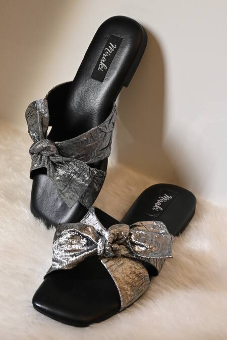 Miraki_Gray Bow Slide Flats _Online_at_Aza_Fashions