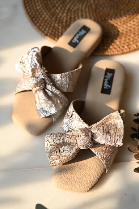 Miraki Champagne Gold Bow Slide-In Flats 