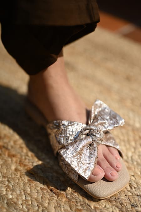 Shop_Miraki_Gold Champagne Bow Slide-in Flats _Online_at_Aza_Fashions