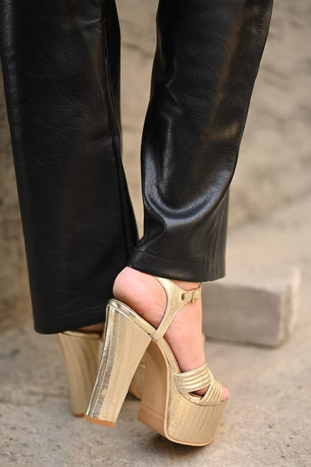 Buy_Miraki_Gold Block Heels With Stitching Details _Online_at_Aza_Fashions