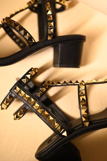 Shop Miraki Black Studs Gold Studded Heels With Ankle Straps Shop_Miraki_Black Studs Gold Studded Heels With Ankle Straps
