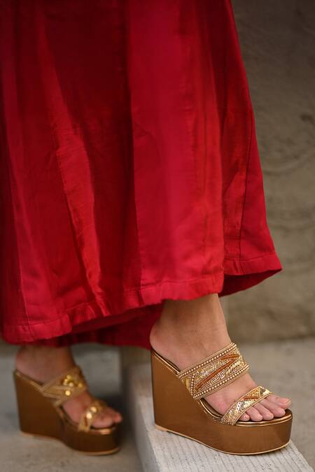 Buy_Miraki_Gold Beads Dual Strap Handwork Wedges _Online_at_Aza_Fashions