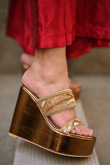 Shop_Miraki_Gold Beads Dual Strap Handwork Wedges _Online_at_Aza_Fashions