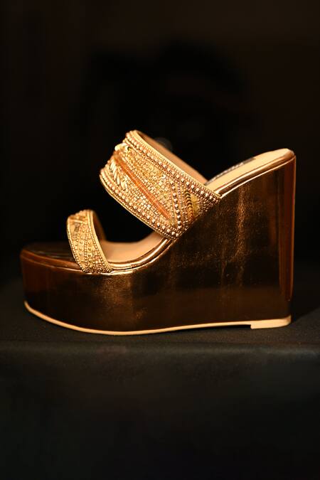 Miraki_Gold Beads Dual Strap Handwork Wedges _at_Aza_Fashions