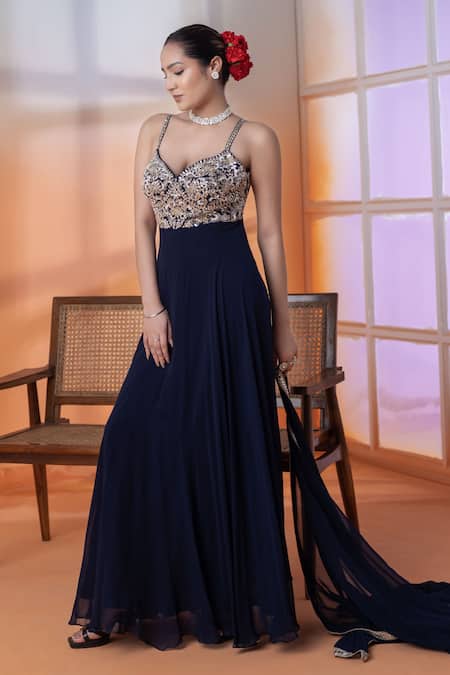 RAJ ARORA Navy Lycra Crystals, Cut Work, Sequins Sweetheart Georgette Mirror Anarkali Set 