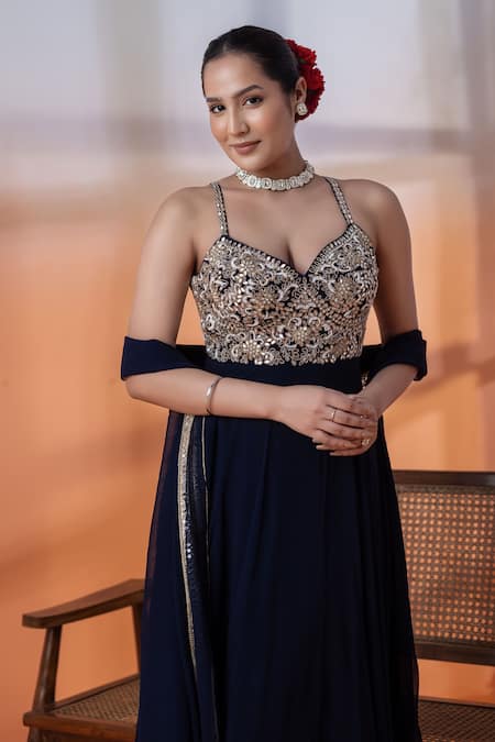 Raj Arora_Navy Lycra Crystals, Cut Work, Sequins Sweetheart Georgette Mirror Anarkali Set _Online_at_Aza_Fashions