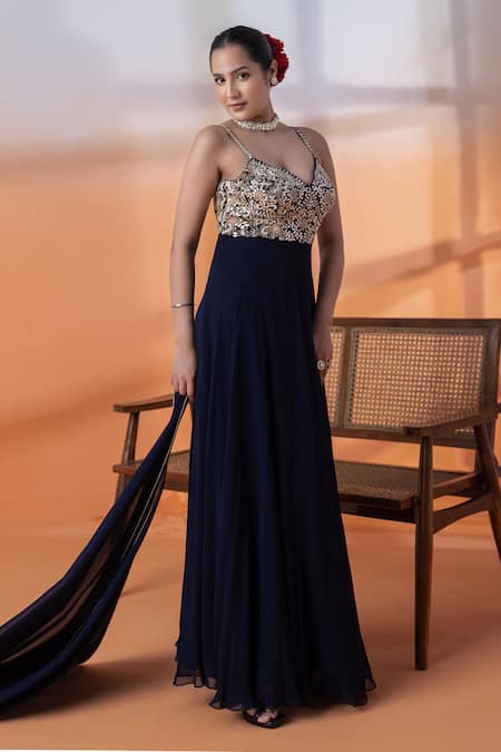 Buy_Raj Arora_Navy Lycra Crystals, Cut Work, Sequins Sweetheart Georgette Mirror Anarkali Set _Online_at_Aza_Fashions
