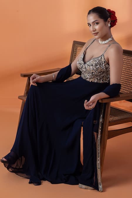Shop_Raj Arora_Navy Lycra Crystals, Cut Work, Sequins Sweetheart Georgette Mirror Anarkali Set _Online_at_Aza_Fashions