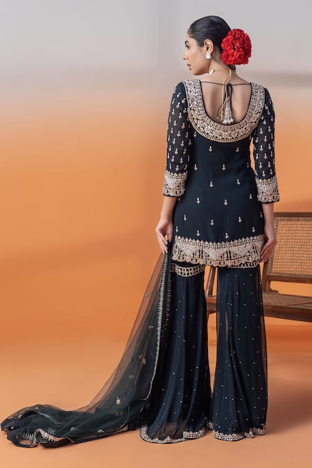 Raj Arora Navy Kundan & Mirror Embellished Kurta Set 