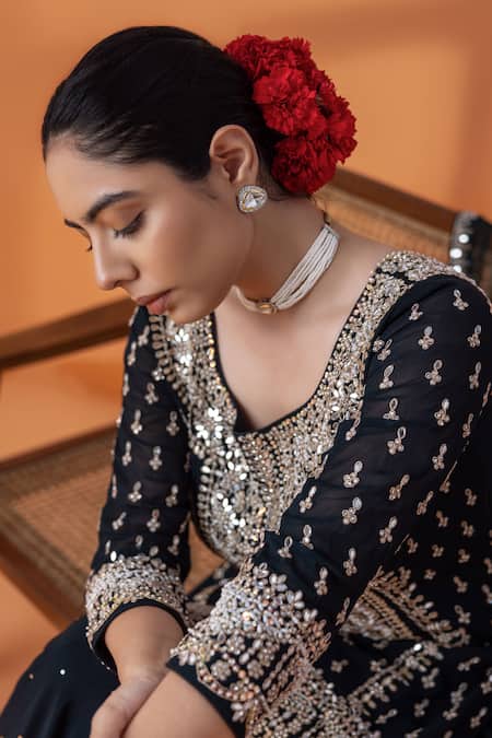 Raj Arora_Blue Organza, Lycra Embroidery, Navy Kundan And Mirror Embellished Kurta Set _Online_at_Aza_Fashions