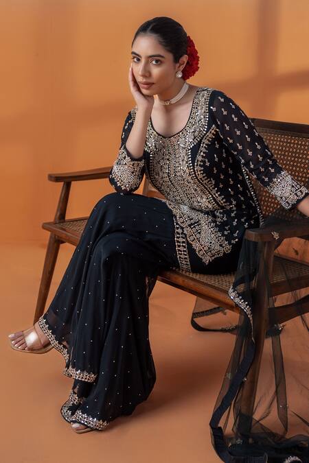 Shop_Raj Arora_Blue Organza, Lycra Embroidery, Navy Kundan And Mirror Embellished Kurta Set _Online_at_Aza_Fashions