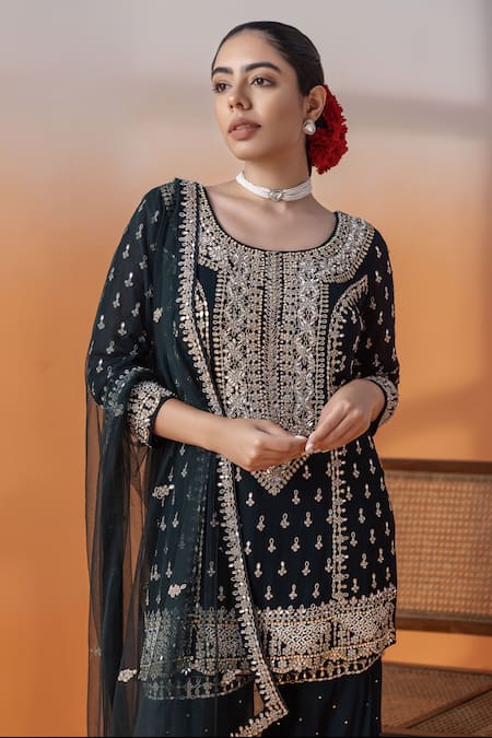 Raj Arora_Blue Organza, Lycra Embroidery, Navy Kundan And Mirror Embellished Kurta Set _at_Aza_Fashions