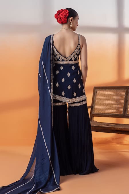 Raj Arora Navy Georgette Kundan Embellished Sharara Set 