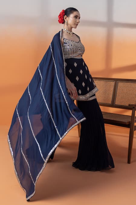 Raj Arora_Navy Net Embroidery, Sequins Georgette Kundan Embellished Sharara Set _Online_at_Aza_Fashions